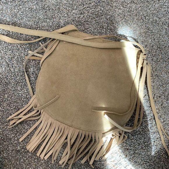 Tan Brown Leather Fringe Bucket Purse Bag Crossbody Medicine Biker - Picture 6 of 8